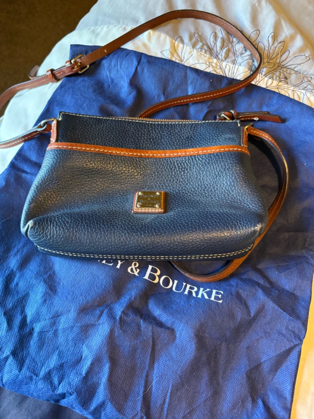 Dooney & Bourke Navy Pebble Leather Crossbody with Brown Trim